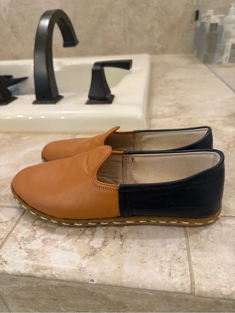 Sabah Two-Tone slip on Shoes in Camel and Navy